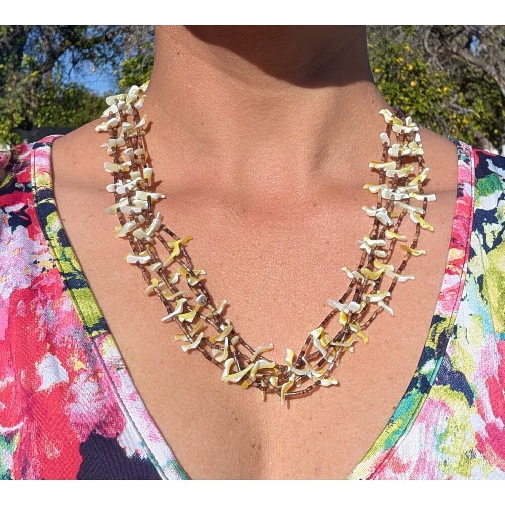 Native American Fetish Five Stand Necklace Sterling Hand carved bird mother pear